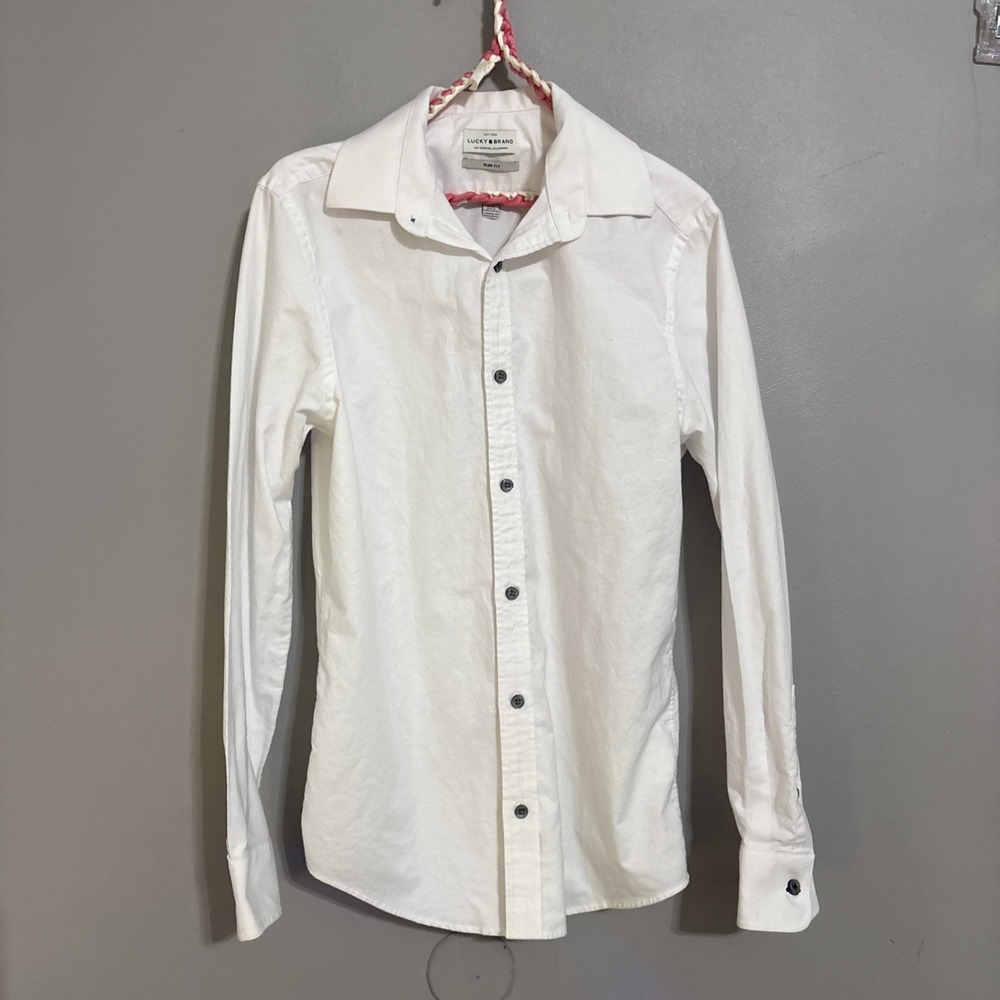 Lucky Brand Men's Slim Stretch White Dress Shirt, Solid, 14/14.5 32/33